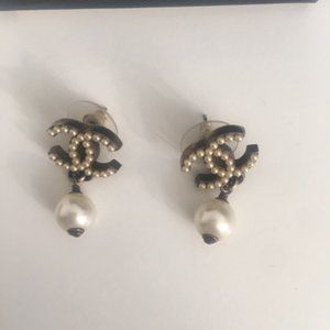 CHANEL Faux CC Pearl Drop Earrings